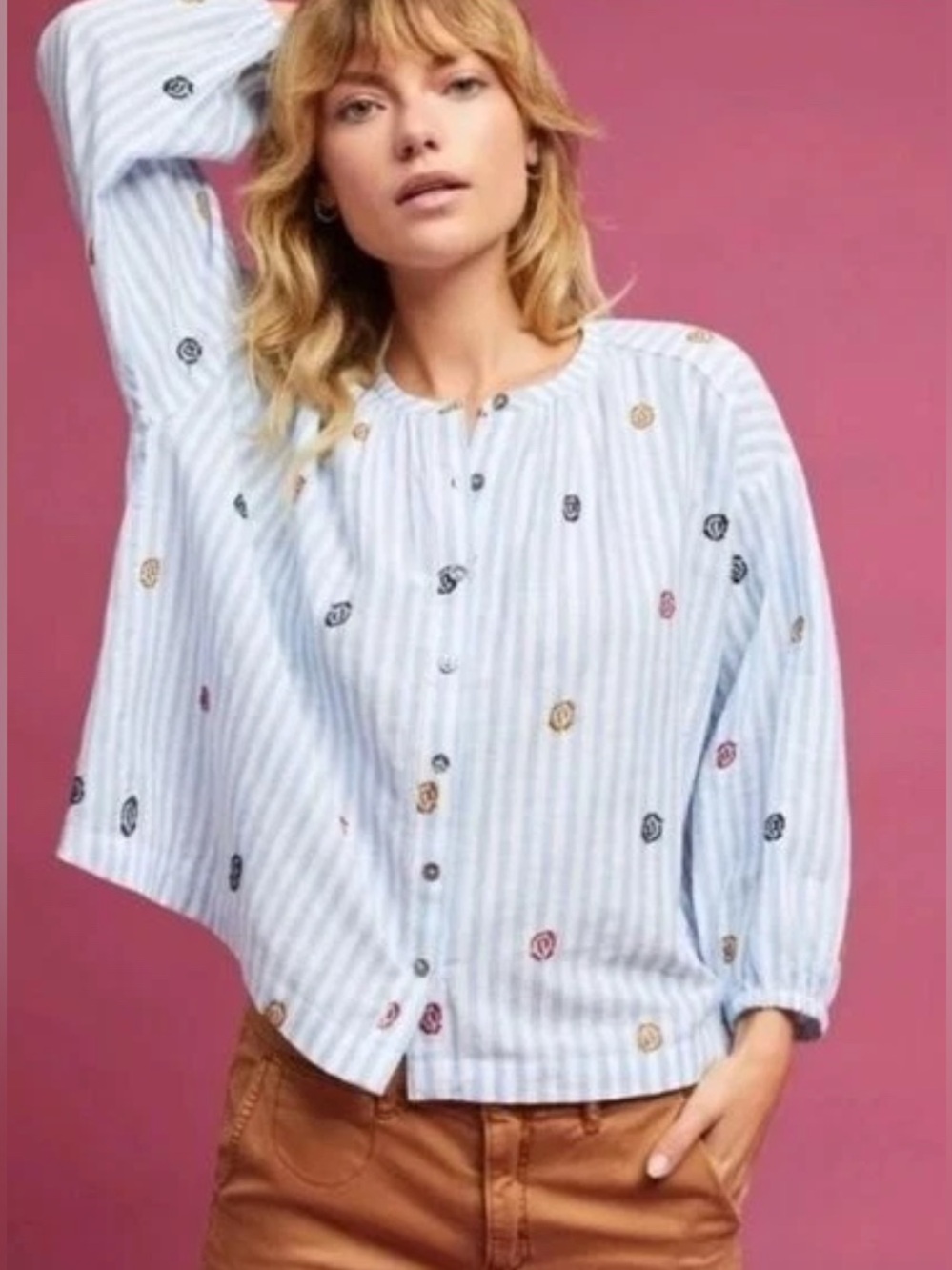 Anthropologie, Akemi + Kin, Medium Blue & White Striped button up Blouse.